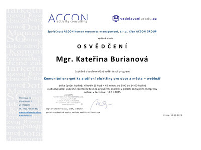 Získali jsme osvědčení v oblasti komunitní energetiky a sdílení elektřiny